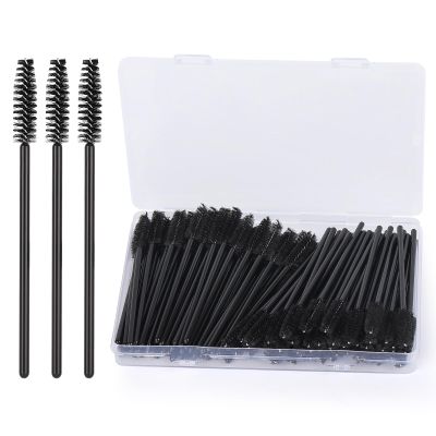 100 Pcs Mascara Wands Disposable Eyelash Brush Spoolies for Eye Lash Extensions Applicators with Container - Black