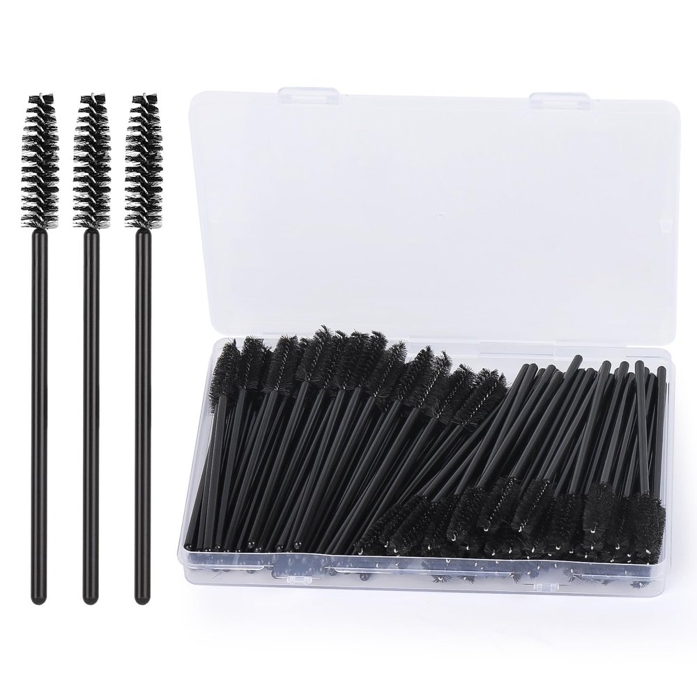 100 Pcs Mascara Wands Disposable Eyelash Brush Spoolies for Eye Lash Extensions Applicators with Container - Black