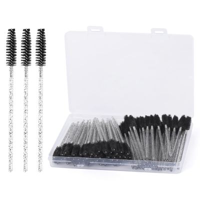 100 Pcs Eyelash Brush Disposable Mascara Wands, Crystal Eyebrow Spoolies Brush for Extensions, Black Lash Brushes with Container