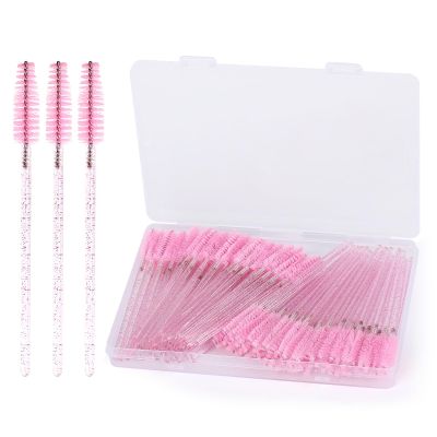 100 Pcs Disposable Mascara Wands Eyelash Brush Spoolies for Eye Lash Extensions Applicators with Container - Pink
