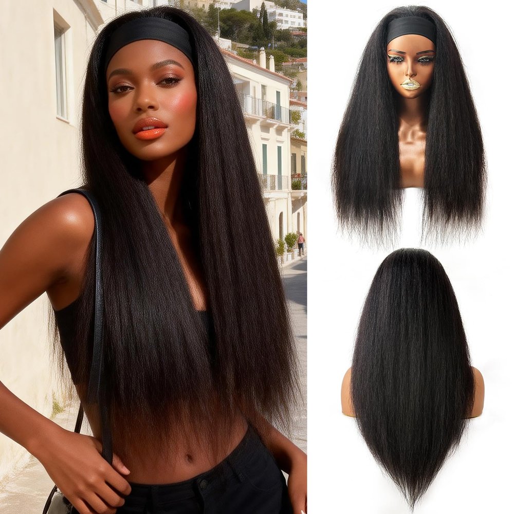 ME-U Headband Wig Human Hair Kinky Straight Guleless Wigs for Black Women Wear and Go 180% Density Yaki Straight Wig No Lace Natural Black Color 24inch