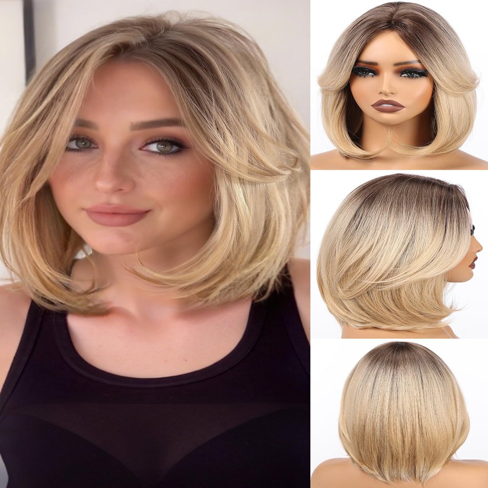 Luwila 12 Inch Curtain Bangs Layered Bob Fashion Wigs for Women, Synthetic Hair with Heat Resistant Fiber & Breathable Net Cap for Daily Style, Cosplay (Blonde)