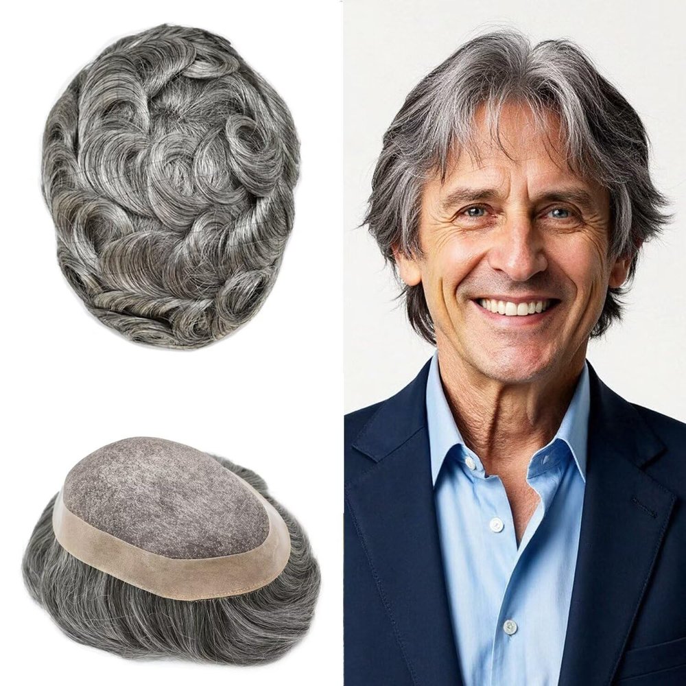WigVivid Mens Toupee Real Human Hair Piece Fine Mono Toupee Hair for Men Black Browm Blonde Gray Hairpieces for Man 6"X9" #365 3# DARK BROWN WITH 65% SYNTHETIC GREY