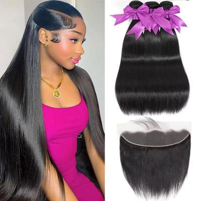 QIYING 12A Straight Bundles with Frontal Human Hair 18 20 22 with 16 Inch 100% Unprocessed Virgin Brazilian Straight Human Hair Weave 3 Bundles with 13x4 HD Lace Frontal Closure