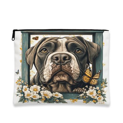 Vintage Dog Makeup Bag, Floral Butterfly Cosmetic Pouch for Women, Portable Canvas Zipper Organizer, Spring Travel Toiletry Bag 7x9 Inch