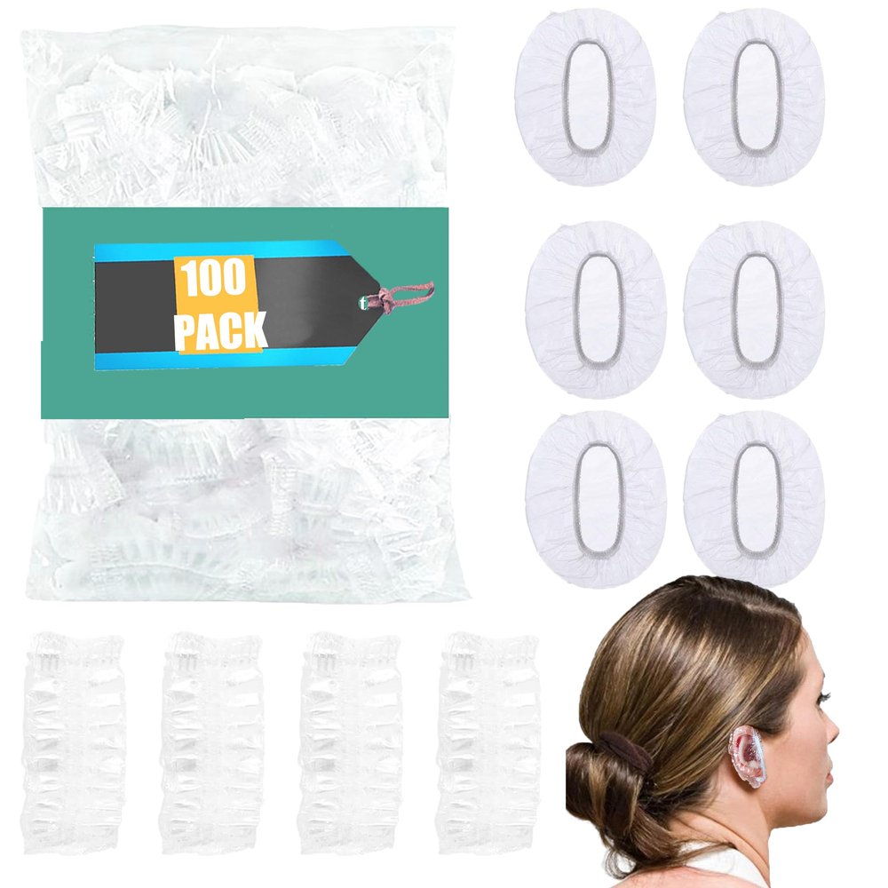 100pcs Disposable Ear CoversElastic Clear Waterproof Plastic for Hair Dye, Bathing, Travel, Daily Use (100)