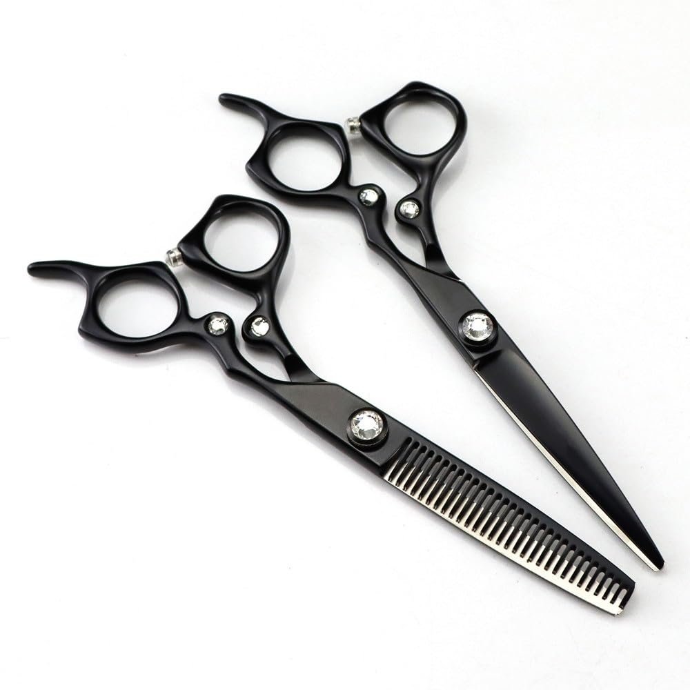 Hair Cutting Shears 6 Inch Professional Steel Upscale Gem Black Cut Hair Scissors Haircut Thinning Barber Cutting Shears Hairdressing Scissors(Set)