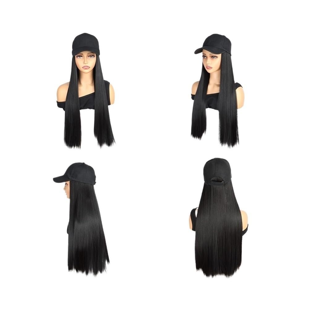 yinxx240708 24" Synthetic Hair Extension Attached Baseball Cap Long Straight Wig Black Hat Hairpiece Wig for Women for Women with Thinning Hair(Natural Black)