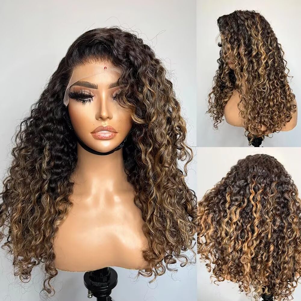 Highlight Honey Blonde Loose Water Wave Transparent HD 13X4 Invisible Lace Front Human Hair Wig Pre Plucked Brazilian Remy Hair Glueless Wig with Bleached Knots 180 Density Loose Curly Wig 22 inch