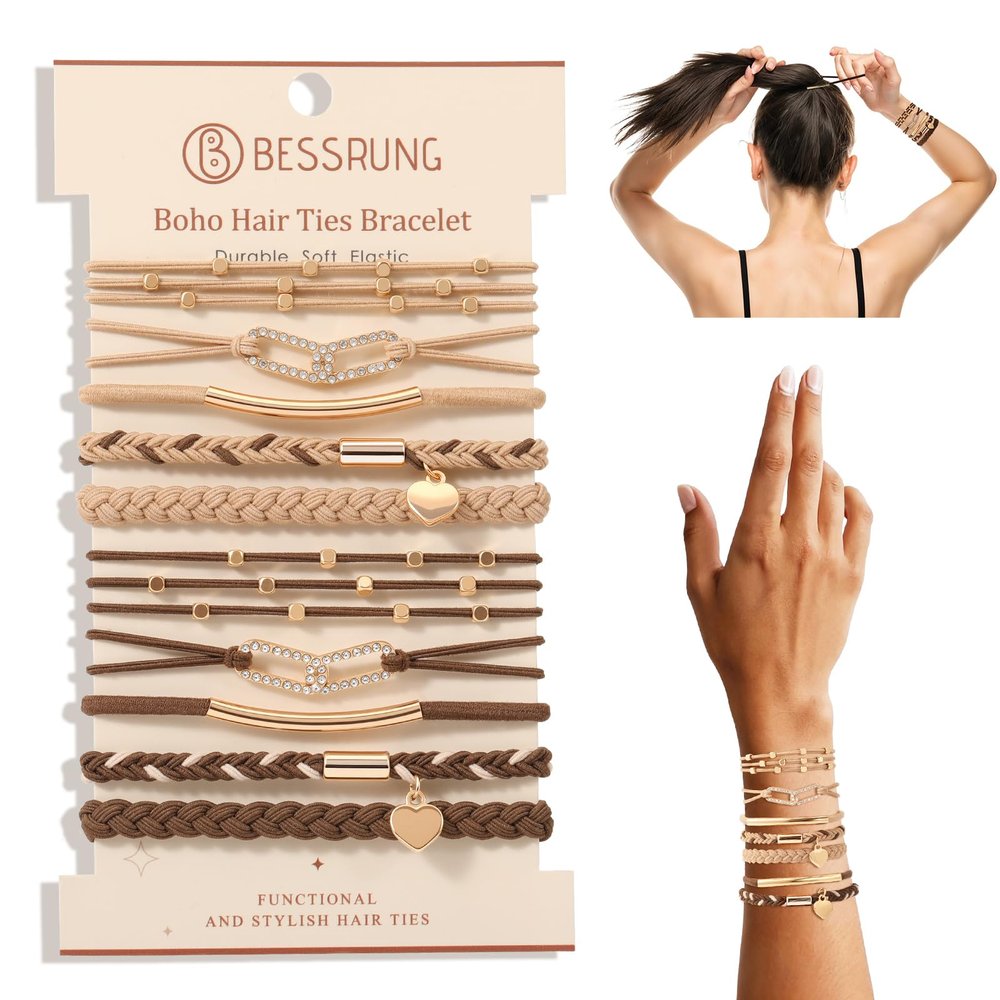 10 Pcs Hair Tie Bracelets for Women Girls, Boho Braided Hair Ties with Infinity Rhinestone Charms, Light & Dark Coffee Elastic Hair Bands, Stackable Bracelet Hair Ties for Daily Wear, Sports, Yoga