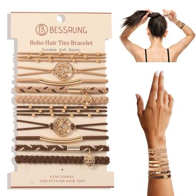 10 Pcs Hair Tie Bracelets for Women Girls, Boho Braided Hair Ties with Tree of Life Charms, Light & Dark Coffee Elastic Hair Bands, Stackable Bracelet Hair Ties for Daily Wear, Sports, Yoga