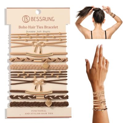 10 Pcs Hair Tie Bracelets for Women Girls, Boho Braided Hair Ties with Bow & Heart Charms, Light & Dark Coffee Elastic Hair Bands, Stackable Bracelet Hair Ties for Daily Wear, Sports, Yoga
