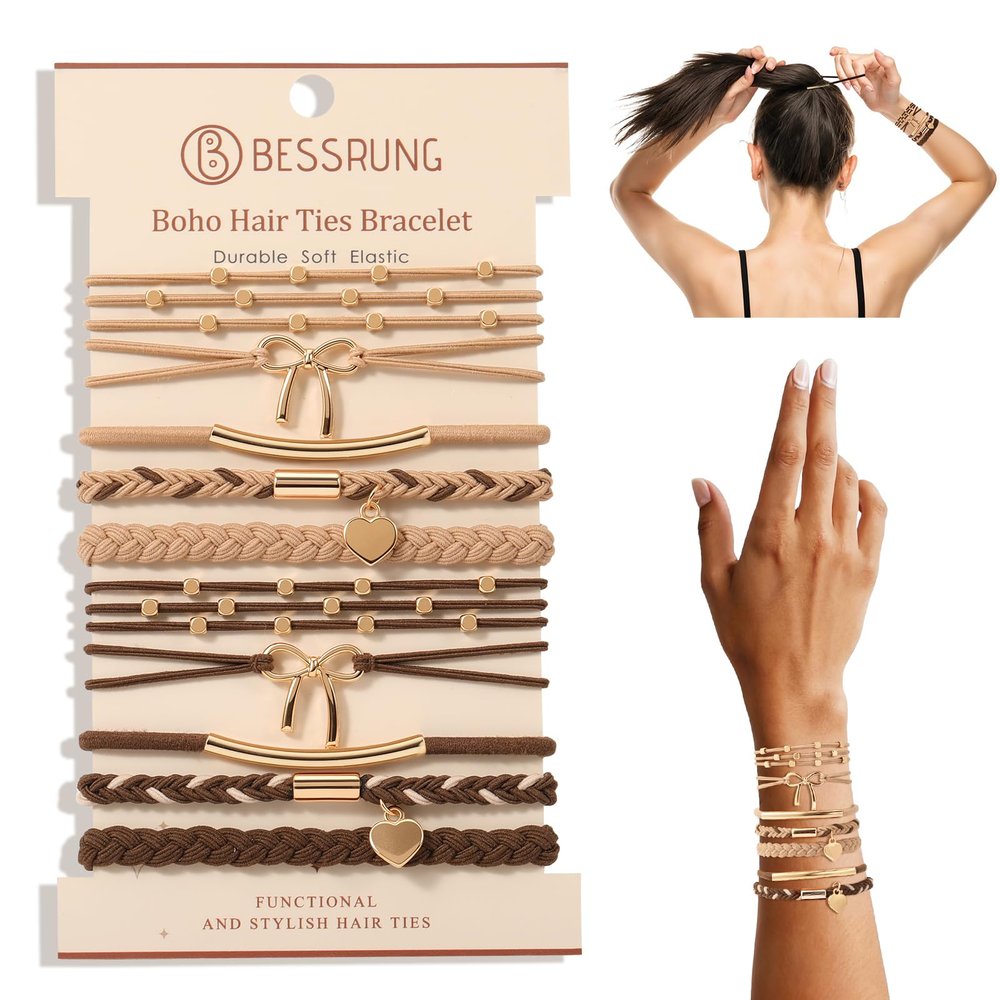 10 Pcs Hair Tie Bracelets for Women Girls, Boho Braided Hair Ties with Bow & Heart Charms, Light & Dark Coffee Elastic Hair Bands, Stackable Bracelet Hair Ties for Daily Wear, Sports, Yoga
