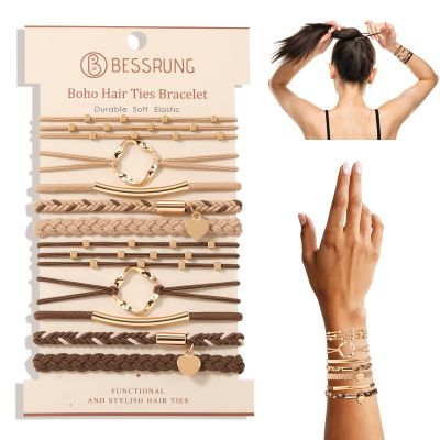 10 Pcs Hair Tie Bracelets for Women Girls, Boho Braided Hair Ties with Hollow Square & Heart Charm, Light & Dark Coffee Elastic Hair Bands, Stackable Bracelet Hair Ties for Daily Wear, Sports, Yoga