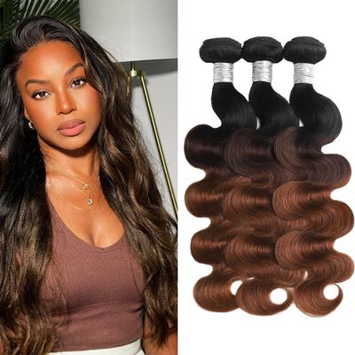 AUROO #T1B/2/30 Chestnut Brown Ombre Human Hair 3 Bundles Body Wave, 12A 100% Virgin Hair Thick Track 3 Tone Ombre Medium Auburn Colored Bundles Dark Roots Wavy Sew In 20 22 24 Inch