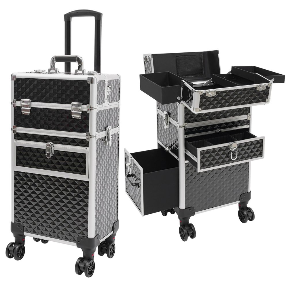 Fronimo Rolling Makeup Train Case Large Storage Traveling Cart Trunk With Lockable Compartments Adjustable Trolley Handle For Cosmeticians Silver and Black