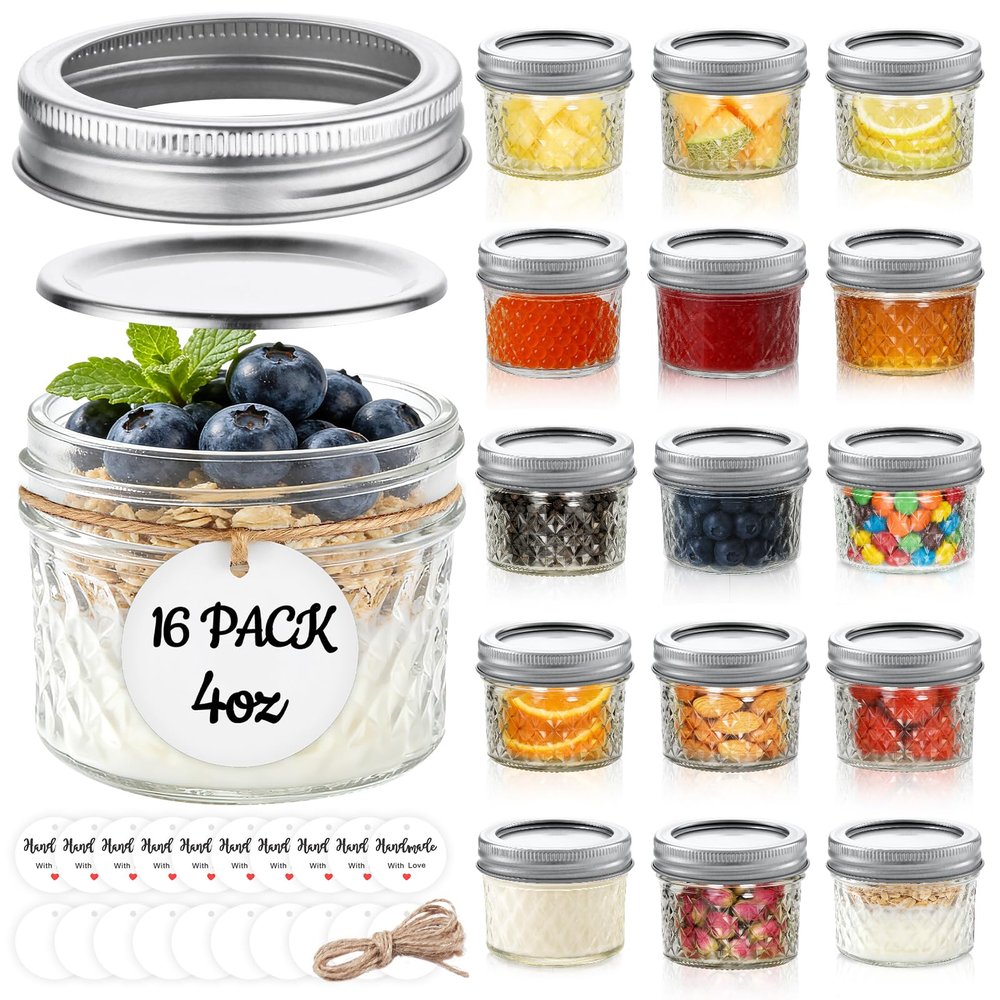 Tecohouse Mini Mason Jars 4 oz, 16 Pack Small Glass Jars with Lids
