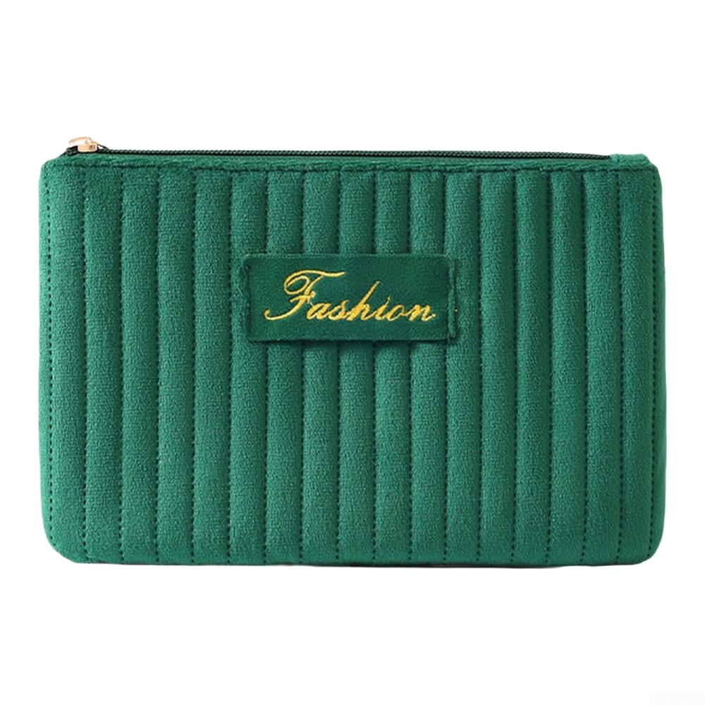 Large Capacity Portable Makeup Organizer Bag with Velvet Fabric, Travel Cosmetic Storage Pouch for Keeping Toiletries and Essentials Secure and Organized (Green)