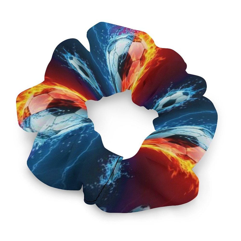 Spiral Scrunchies for Teens Cool Water Fire Flame Soccer Football Print, Trendy Coil Hair Ties, Fun Ponytail Holders for Thick Hair, School, and Social Events