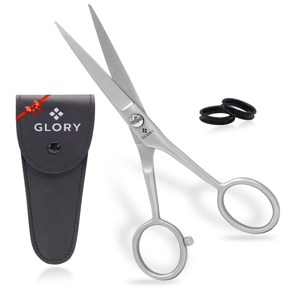 GLORY 5 Inch Professional Beard and Mustache Scissors, Premium Stainless Steel Facial Hair Trimming Scissors - Sharp Serrated Edge Grooming Shears for Men, Precision Mustache & Beard Trimming Scissor