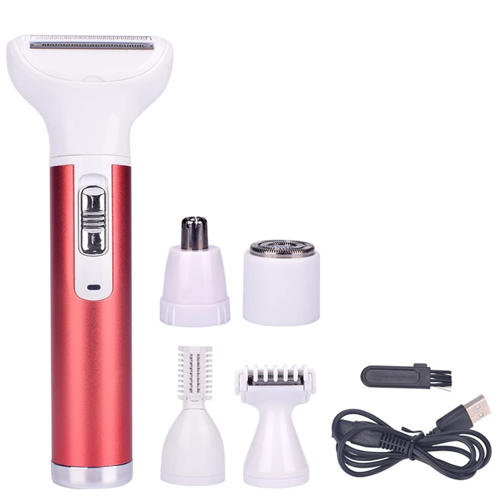 Full-Body Cordless Electric Shaver for Women, Rechargeable Hair Removal Electric Razor USB Charging 5 in 1 Painless Shaver for Bikini Women Area, Nose, Armpit, Arm, Leg Hair Trimmer (Red)