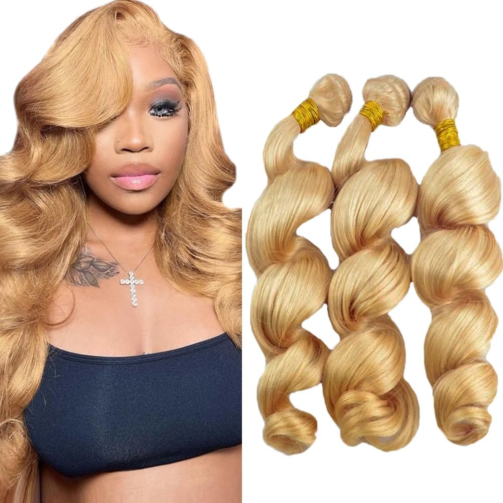 Blonde Bundles Human Hair Loose Deep Wave Bundles 26 26 26 Inch Unprocessed Brazilian Virgin Remy Hair 3 Bundle #27 Honey Blonde Loose Wave Human Hair Extensions 50 Gram Per Bundle