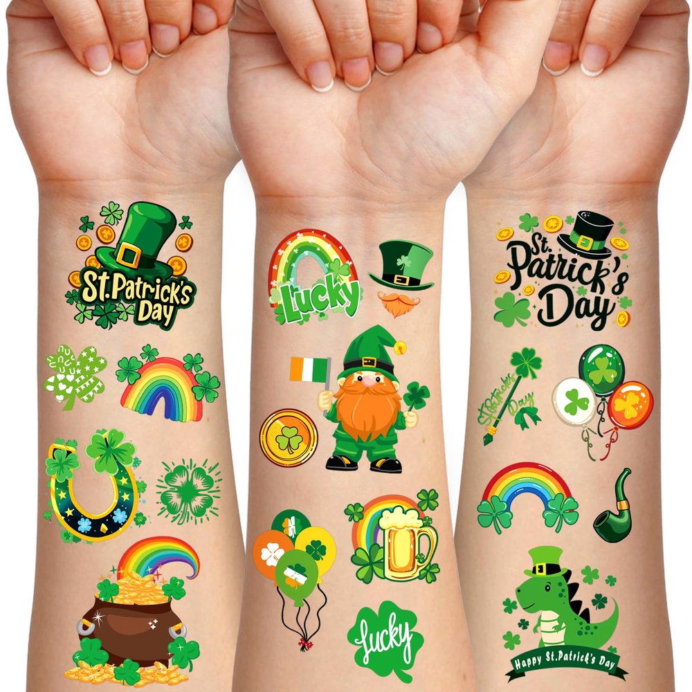 117 PCS St Patricks Day Temporary Tattoos for Boy Girl, Green Shamrock St. Patrick's Day Fake Tattoos for Women Men Adult, Irish Parade & Party Favor Supply Decoration