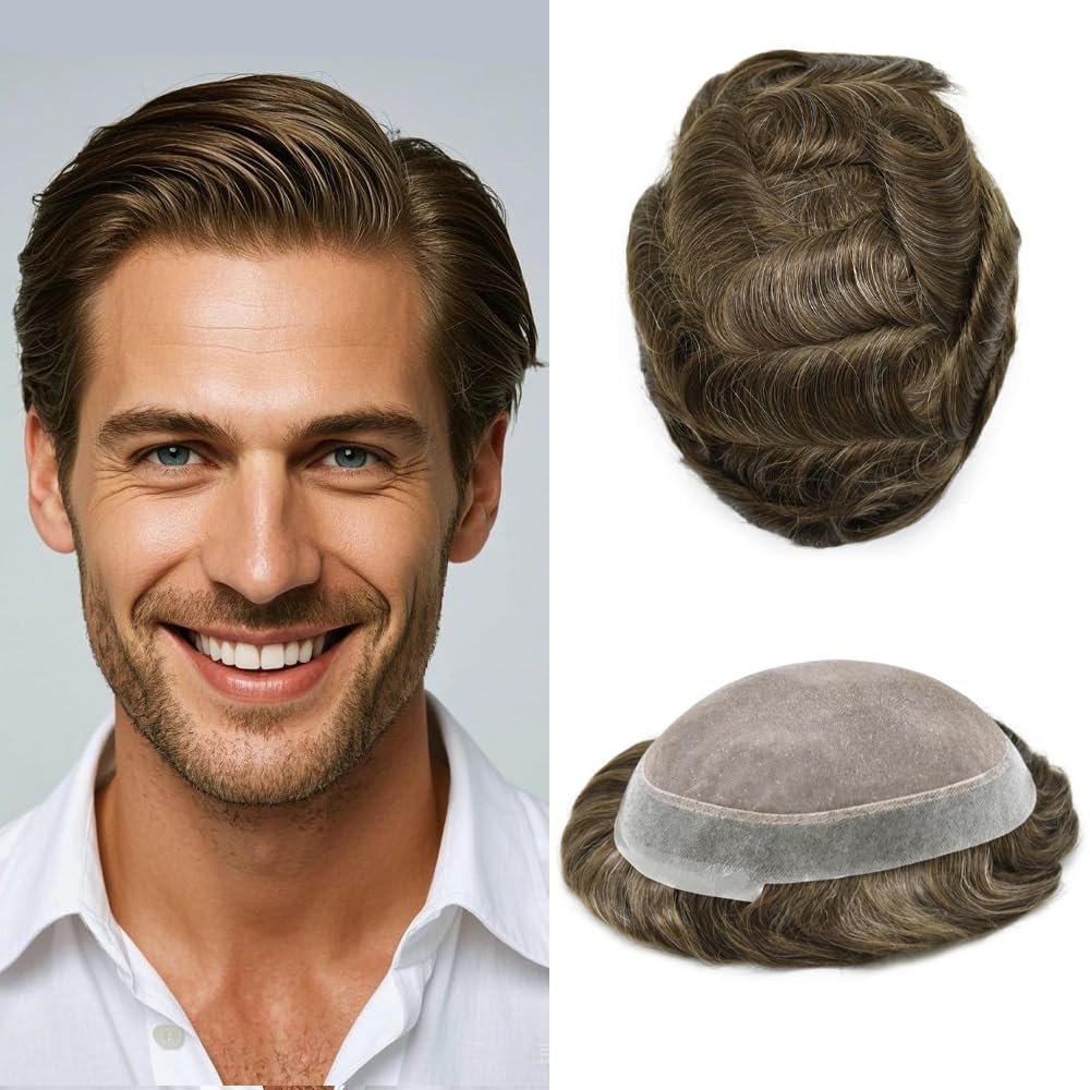 ApexToupees Durable Men's Hair System Fine Mono Human Hair Toupee 8x10 Inches Hair Pieces For Men Hair Prosthesis PU Around 120% Light Medium To Medium Density#410#4 Medium Brown+10% Grey