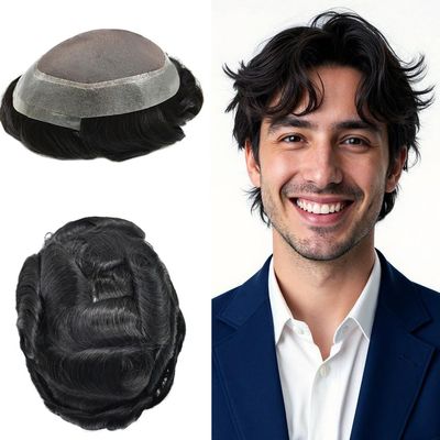 ApexToupees Durable Men's Hair System Fine Mono Human Hair Toupee 5x7 Inches Hair Pieces For Men Hair Prosthesis PU Around 120% Light Medium To Medium Density#1 Jet Black