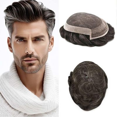 FNY HAIR Toupee for Men Real Human Hair Piece Breathable Swiss Lace Mens Hairpiece Poly Coating NPU Hair Replacement System Mens Toupee Natural Hairline 6''X8'' #220#2 Darkest Brown+20% Gray