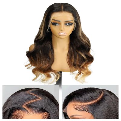 Topunique 13x6 Highlight Blonde Mixed Brown Skinlike HD Lace Frontal Loose Wave Human Hair Wig, 250% Density Pre Plucked Bleached Knots 24 Inch