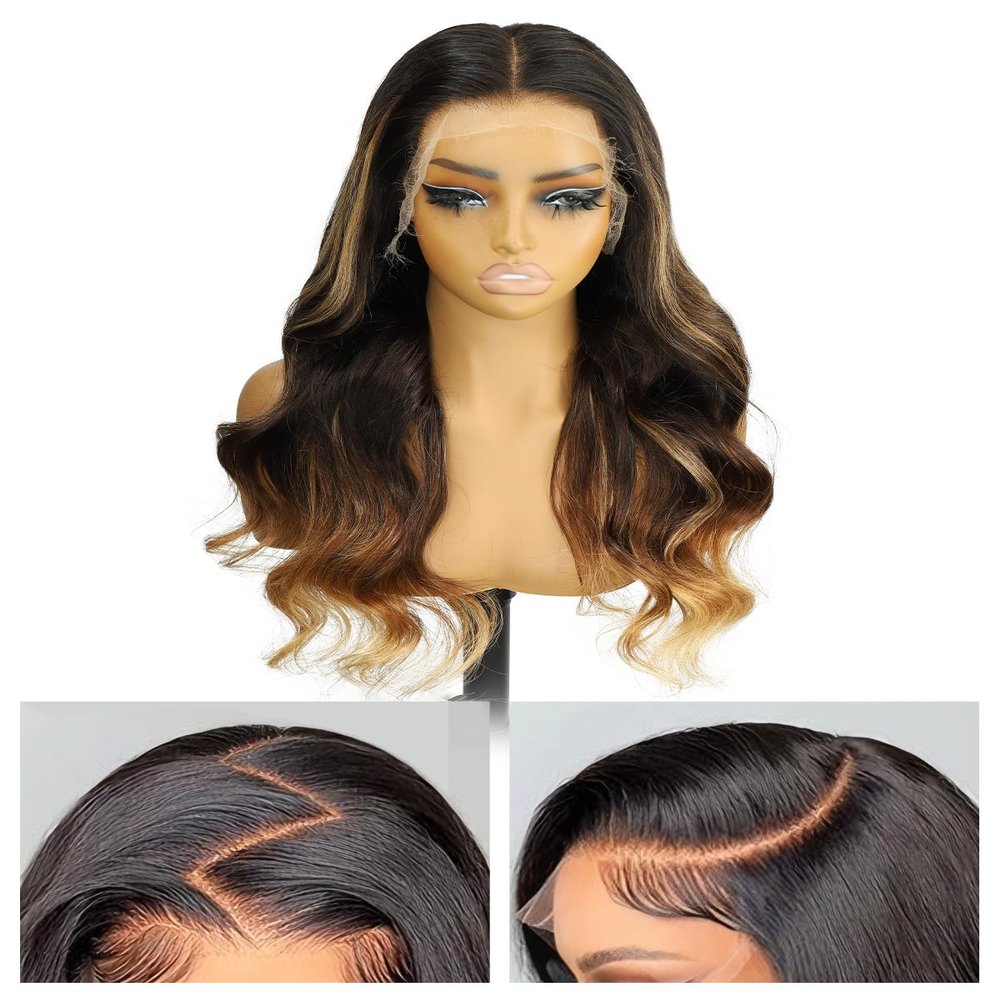 Topunique 13x6 Highlight Blonde Mixed Brown Skinlike HD Lace Frontal Loose Wave Human Hair Wig, 250% Density Pre Plucked Bleached Knots 24 Inch
