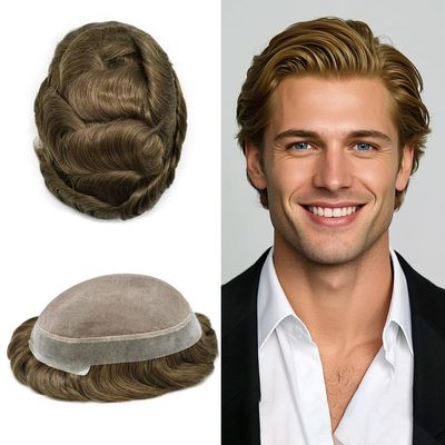 ApexToupees Durable Men's Hair System Fine Mono Human Hair Toupee 7x10 Inches Hair Pieces For Men Hair Prosthesis PU Around 120% Light Medium To Medium Density#6 Light Brown
