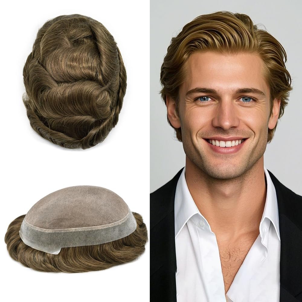 ApexToupees Durable Men's Hair System Fine Mono Human Hair Toupee 7x10 Inches Hair Pieces For Men Hair Prosthesis PU Around 120% Light Medium To Medium Density#6 Light Brown