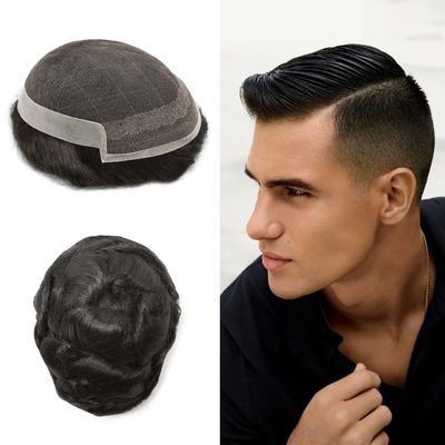 FNY HAIR Swiss Lace Human Hair Toupee for Men PU Poly Skin Wig Mens Hairpieces Toupee Human Hair Replacement Systems for Male Natural Hairline 6X8 80% #1B10#1B Off Black+10% Grey