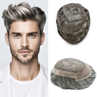 FNY HAIR Toupee for Men Real Human Hair Piece Breathable Swiss Lace Mens Hairpiece Poly Coating NPU Hair Replacement System Mens Toupee Natural Hairline 6X9 100% #260#2 Darkest Brown+60% Gray