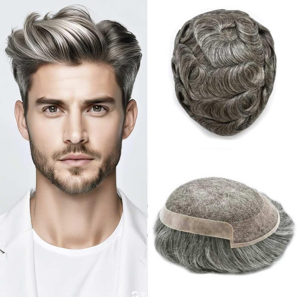 FNY HAIR Toupee for Men Real Human Hair Piece Breathable Swiss Lace Mens Hairpiece Poly Coating NPU Hair Replacement System Mens Toupee Natural Hairline 6X9 100% #260#2 Darkest Brown+60% Gray