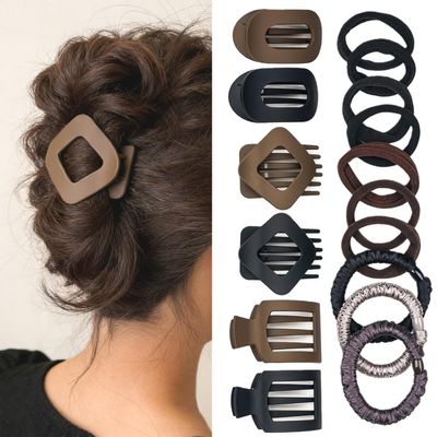 Hair Claw Clips and Hair Ties Set for Women 6 Large Matte Hair Clips & 10 Elastic Hair Ties, Non-Slip Strong Hold Claw Clips for Thick Thin Curly Straight Hair, Neutral Colors