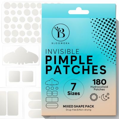 BLOOMORA Large Pimple Patches for Face, Hydrocolloid Pimple Patches, Variety Shapes Zit Stickers, Pimple Spot Care, Pimple Spot Care, Round, Moon, Rectangle, Oval (6 Sizes, 180 Count)