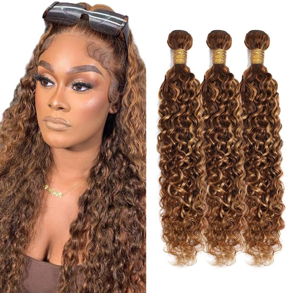 P427 Blonde Bundles Human Hair Water Wave Human Hair Bundles 28 30 32 Inch NerriHou Unprocessed Brazilian Virgin Hair Highlight Brown Water Wave Bundle Human Hair Extensions 3 Bundle 150 Gram