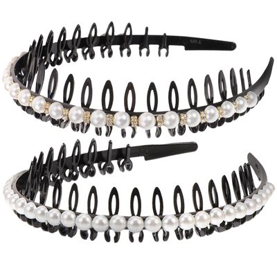 SILENRADAWN Pearls Headbands 2Pcs Non-Slip Teeth Hair Hoops with Crystal Wedding Hair Accessories for Women
