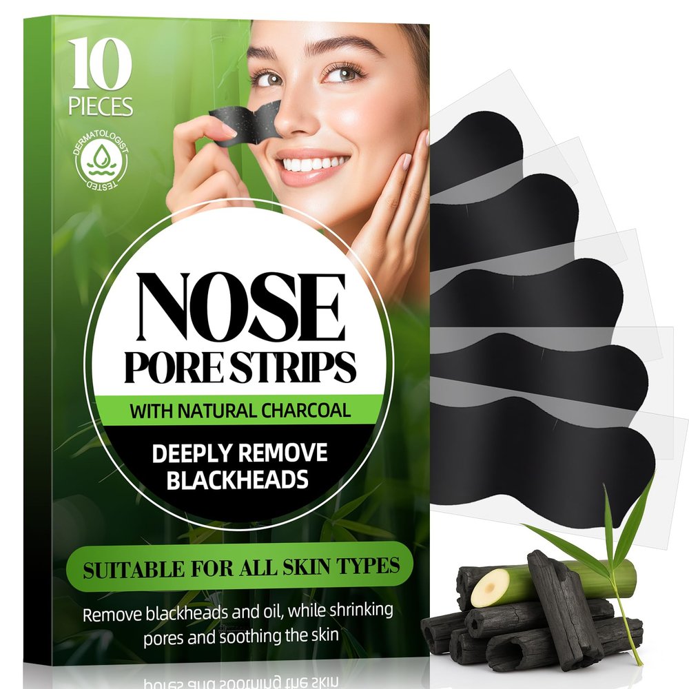 Shaeva Natural Charcoal Pore Strips, Blackhead Remover Strip, for Oily Skin, Strawberry Nose, Deep Clean & Shrinking Pores & Smoothing Skin (10 pcs)
