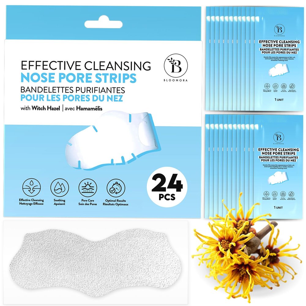 BLOOMORA Nose Pore Strips, Nose Blackhead Remover Strips with Witch Hazel, Pore Cleansing Strips & Whitehead Remover Strips, For a Visibly Cleaner, Smoother, Radiant-Looking Skin (24 pc) - GEN2