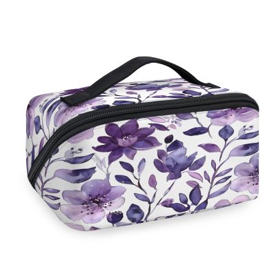 Adornori Flower Purple Travel Makeup Bag Open Flat Large Capacity Toiletry Bag Portable Waterproof Cosmetic Case for Women with Handle