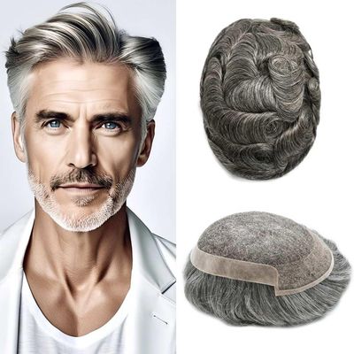 Hair Wonders Toupee Hair for Men French lace Mens Toupee Human Hair Clear Poly Mens Hair System Protesis Capilar Hombre6X9-100% light to medium#1B60 1B# OFF BLACK WITH 60% SYNTHETIC GREY