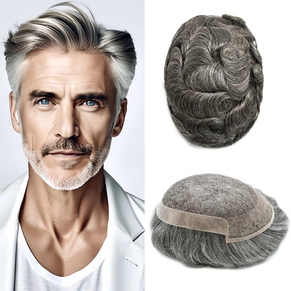 Hair Wonders Toupee Hair for Men French lace Mens Toupee Human Hair Clear Poly Mens Hair System Protesis Capilar Hombre6X9-100% light to medium#1B60 1B# OFF BLACK WITH 60% SYNTHETIC GREY