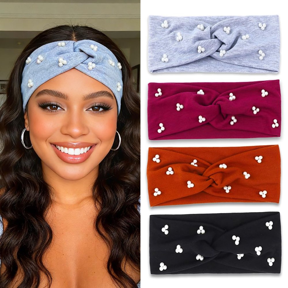 Urieo Wide Pearl Headband Stretchy Hair Bands Workout Yoga Hair Accessories for Women