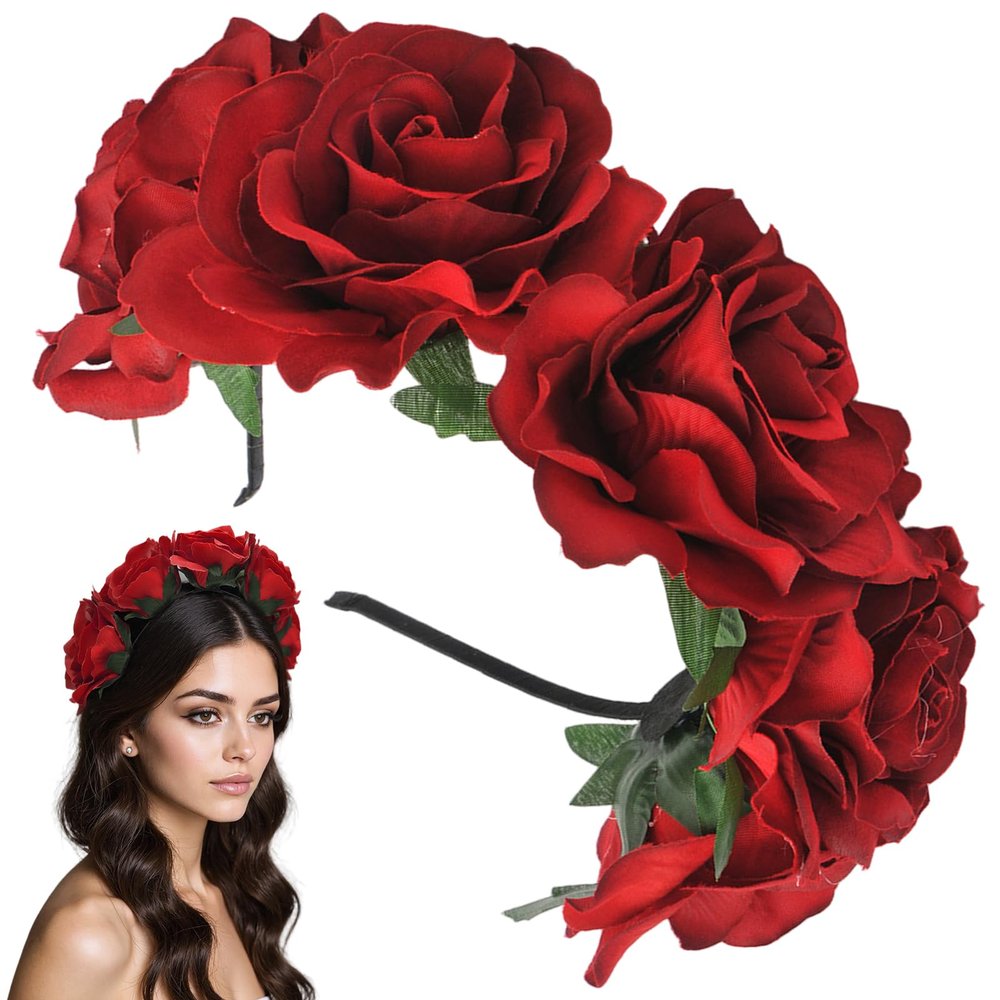 Rwigeboo Flower Headband for Women, Elegant Bohemia Silk Rose Headband Adjustable Hair Accessories for Festivals, Wedding, Party, Beach, Snapshot, Red