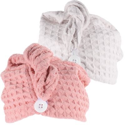 NOLITOY 2Pcs Microfiber Hair Absorbing Towels Waffle Weave Super Absorbent Hair Wraps for Curly and Long Quick Dry Caps in Pink and Ivory