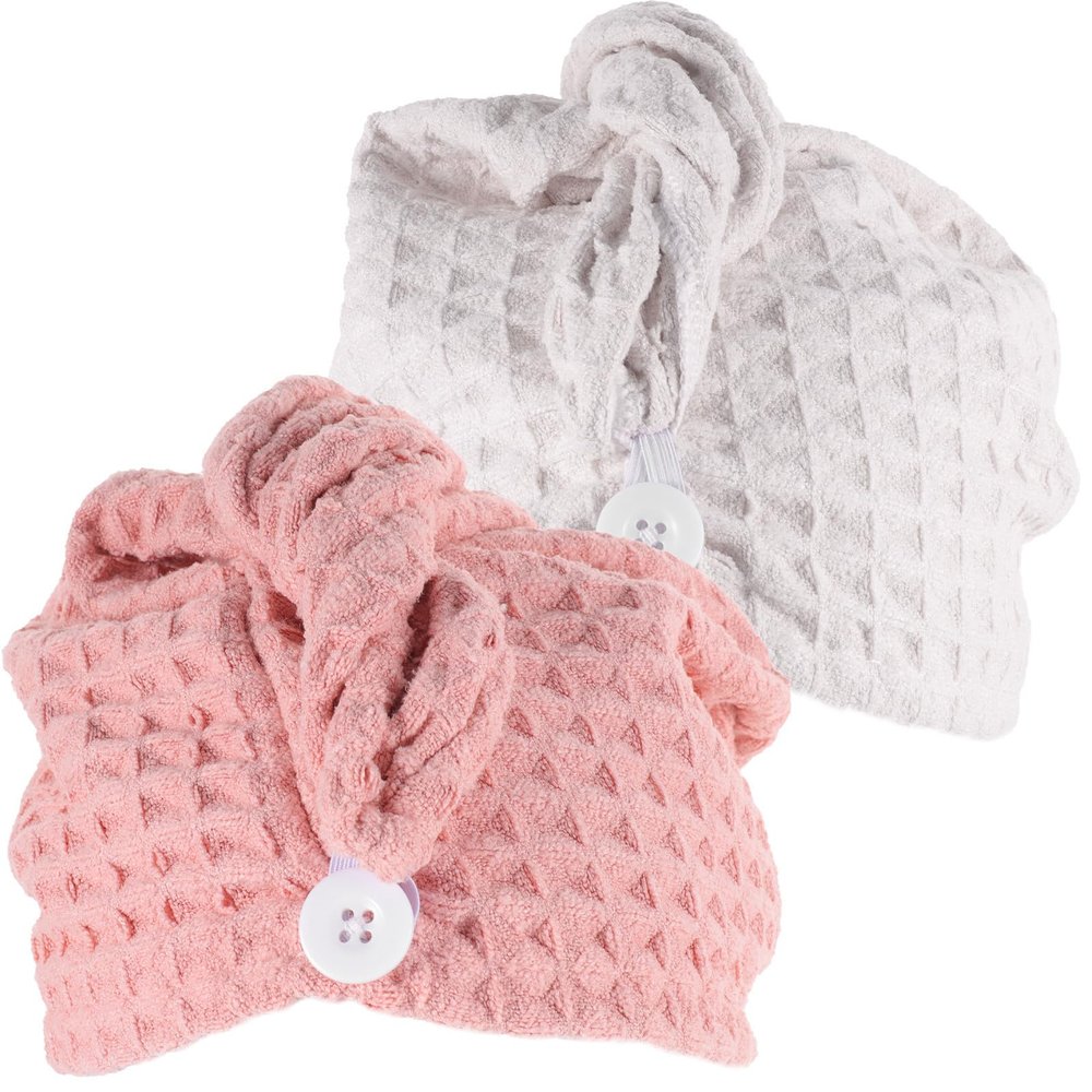 NOLITOY 2Pcs Microfiber Hair Absorbing Towels Waffle Weave Super Absorbent Hair Wraps for Curly and Long Quick Dry Caps in Pink and Ivory
